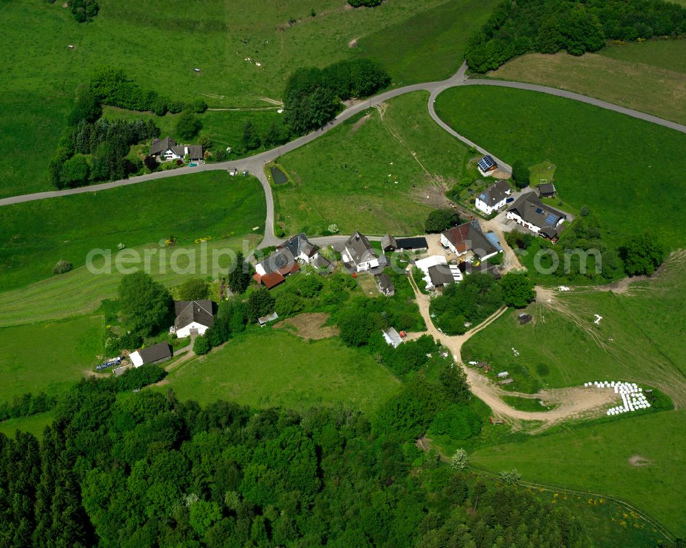 Valbert from above - Agricultural land and field boundaries surround the settlement area of the village in Valbert in the state North Rhine-Westphalia, Germany