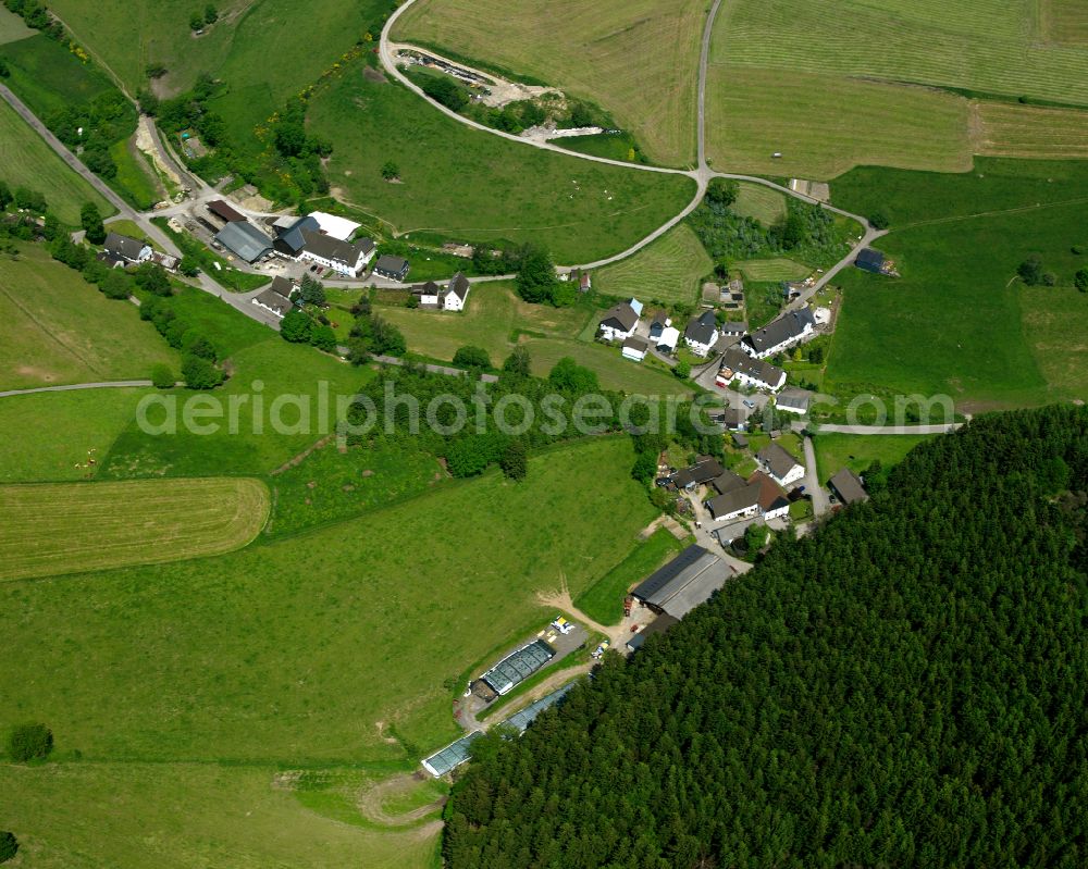 Valbert from the bird's eye view: Agricultural land and field boundaries surround the settlement area of the village in Valbert in the state North Rhine-Westphalia, Germany