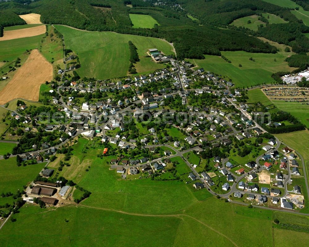 Veitsrodt from above - Agricultural land and field boundaries surround the settlement area of the village in Veitsrodt in the state Rhineland-Palatinate, Germany