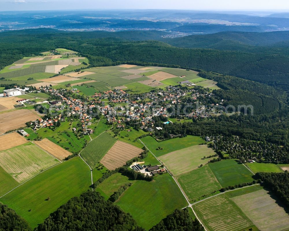 Aerial photograph Vielbrunn - Agricultural land and field boundaries surround the settlement area of the village in Vielbrunn in the state Hesse, Germany