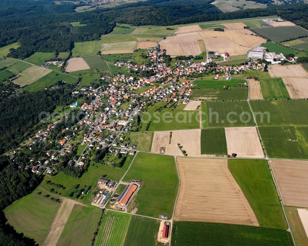 Vielbrunn from the bird's eye view: Agricultural land and field boundaries surround the settlement area of the village in Vielbrunn in the state Hesse, Germany