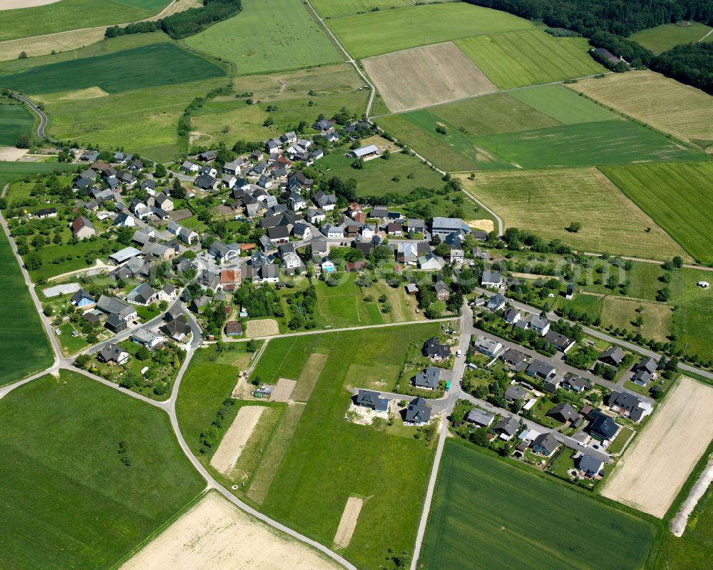 Völkenroth from above - Agricultural land and field boundaries surround the settlement area of the village in Völkenroth in the state Rhineland-Palatinate, Germany