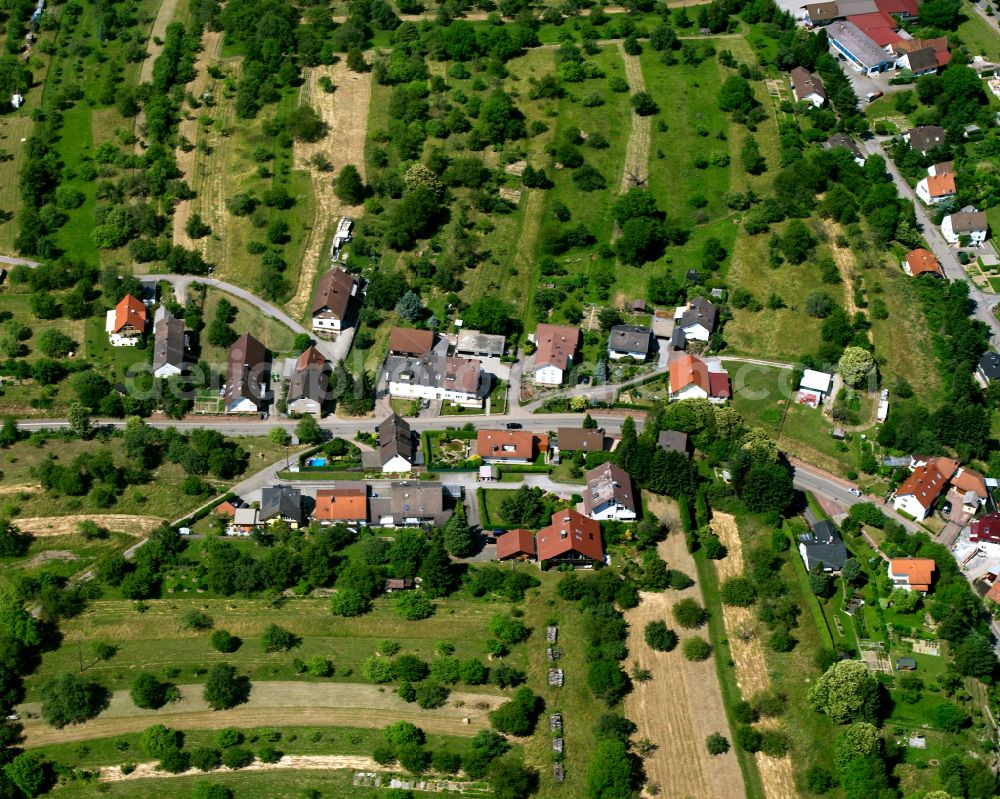 Aerial image Völkersbach - Agricultural land and field boundaries surround the settlement area of the village in Völkersbach in the state Baden-Wuerttemberg, Germany