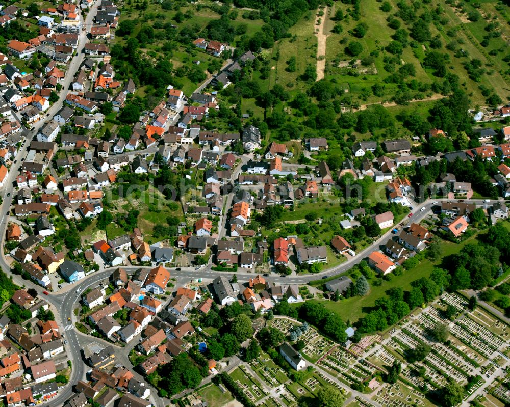 Völkersbach from above - Agricultural land and field boundaries surround the settlement area of the village in Völkersbach in the state Baden-Wuerttemberg, Germany