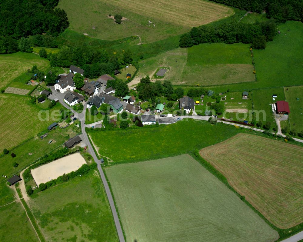 Vollme from above - Agricultural land and field boundaries surround the settlement area of the village in Vollme in the state North Rhine-Westphalia, Germany