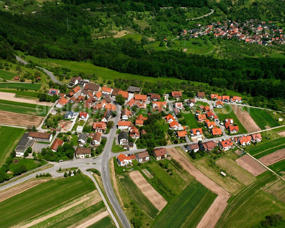 Aerial image Vorderweißbuch - Agricultural land and field boundaries surround the settlement area of the village in Vorderweißbuch in the state Baden-Wuerttemberg, Germany