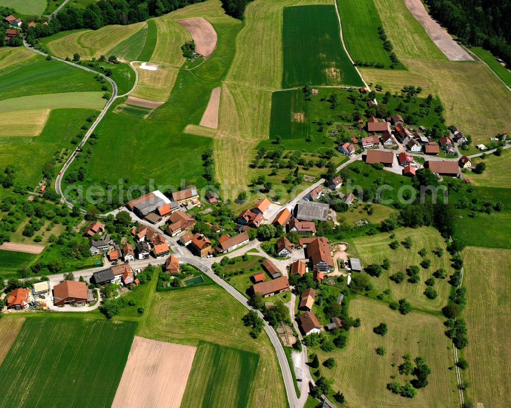 Aerial image Vorderwestermurr - Agricultural land and field boundaries surround the settlement area of the village in Vorderwestermurr in the state Baden-Wuerttemberg, Germany