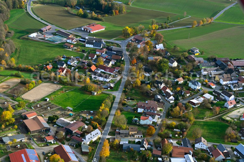 Aerial image Vordorf - Agricultural land and field boundaries surround the settlement area of the village in Vordorf in the state Bavaria, Germany