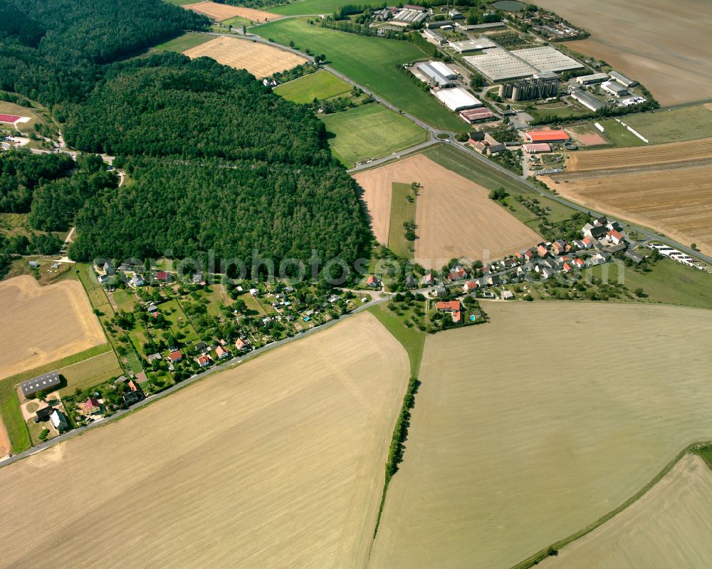 Aerial photograph Wacholderbaum - Agricultural land and field boundaries surround the settlement area of the village in Wacholderbaum in the state Thuringia, Germany