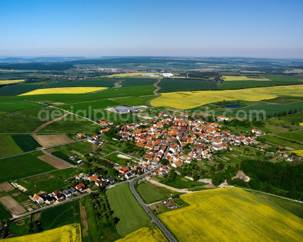 Aerial photograph Wachstedt - Agricultural land and field boundaries surround the settlement area of the village in Wachstedt in the state Thuringia, Germany