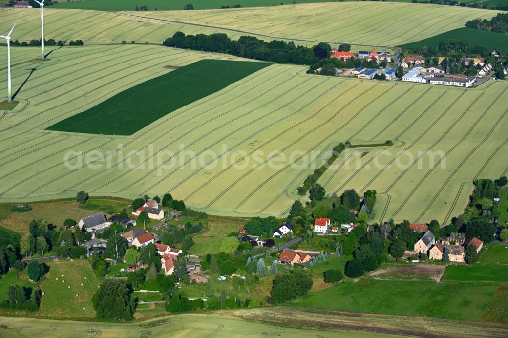 Wadewitz from above - Agricultural land and field boundaries surround the settlement area of the village in Wadewitz in the state Saxony, Germany