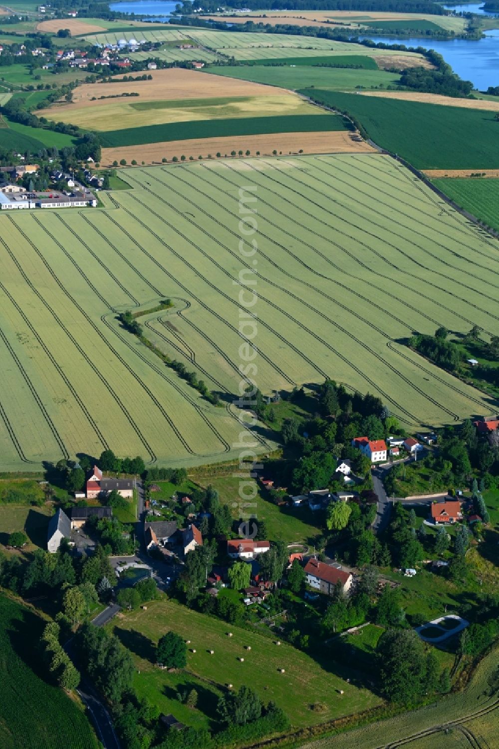 Aerial image Wadewitz - Agricultural land and field boundaries surround the settlement area of the village in Wadewitz in the state Saxony, Germany