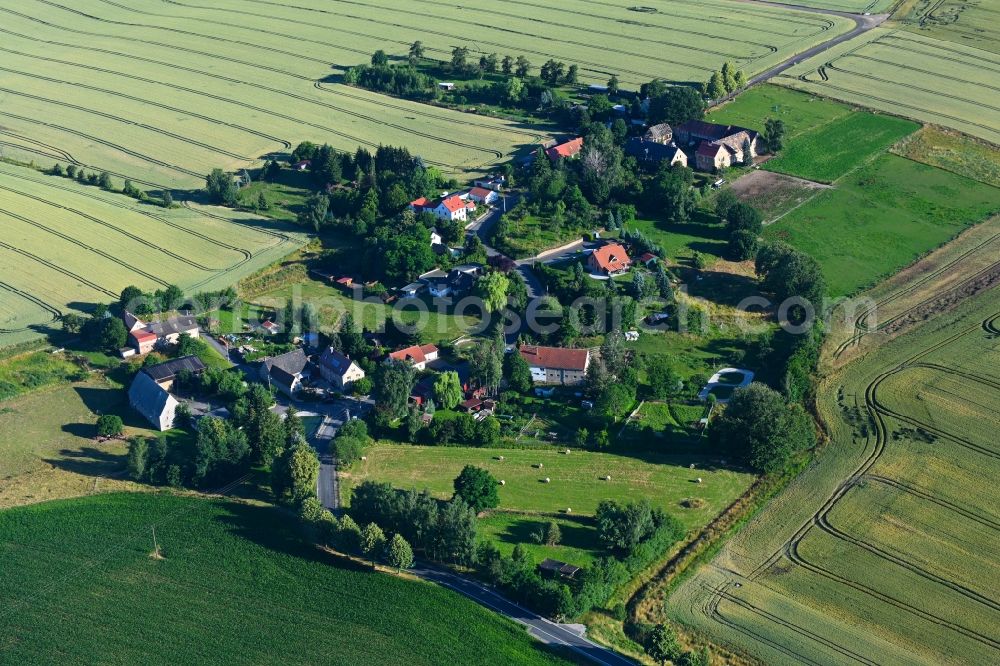 Wadewitz from the bird's eye view: Agricultural land and field boundaries surround the settlement area of the village in Wadewitz in the state Saxony, Germany