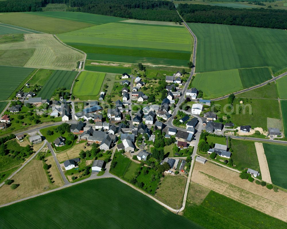 Wahlbach from above - Agricultural land and field boundaries surround the settlement area of the village in Wahlbach in the state Rhineland-Palatinate, Germany