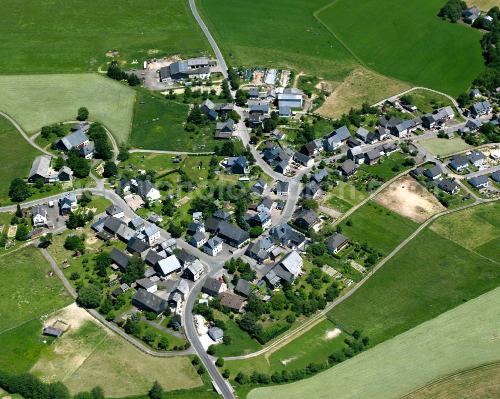 Wahlenau from above - Agricultural land and field boundaries surround the settlement area of the village in Wahlenau in the state Rhineland-Palatinate, Germany