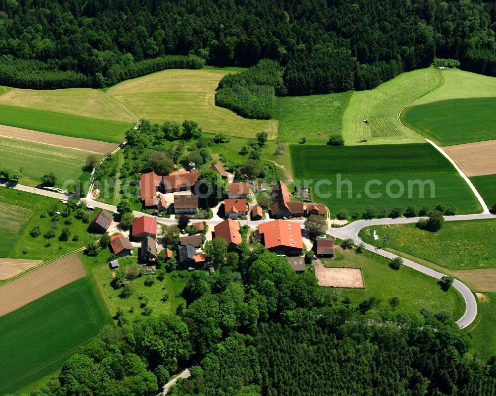 Wahlenheim from above - Agricultural land and field boundaries surround the settlement area of the village in Wahlenheim in the state Baden-Wuerttemberg, Germany