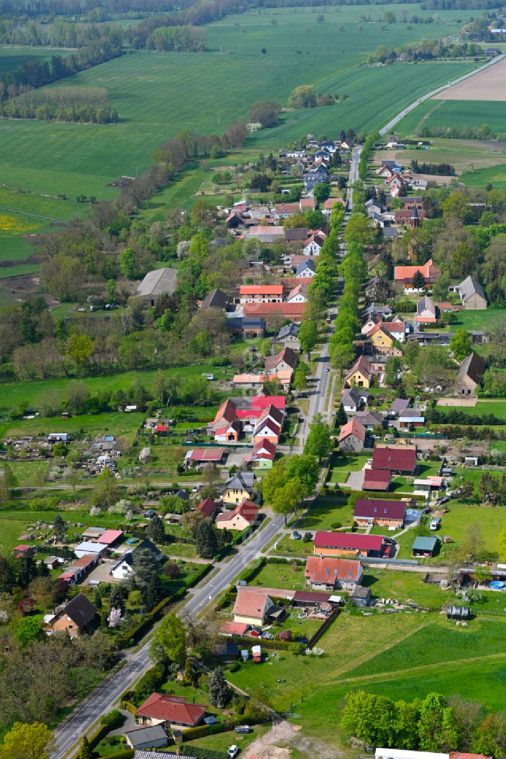 Walchow from the bird's eye view: Agricultural land and field boundaries surround the settlement area of the village in Walchow in the state Brandenburg, Germany