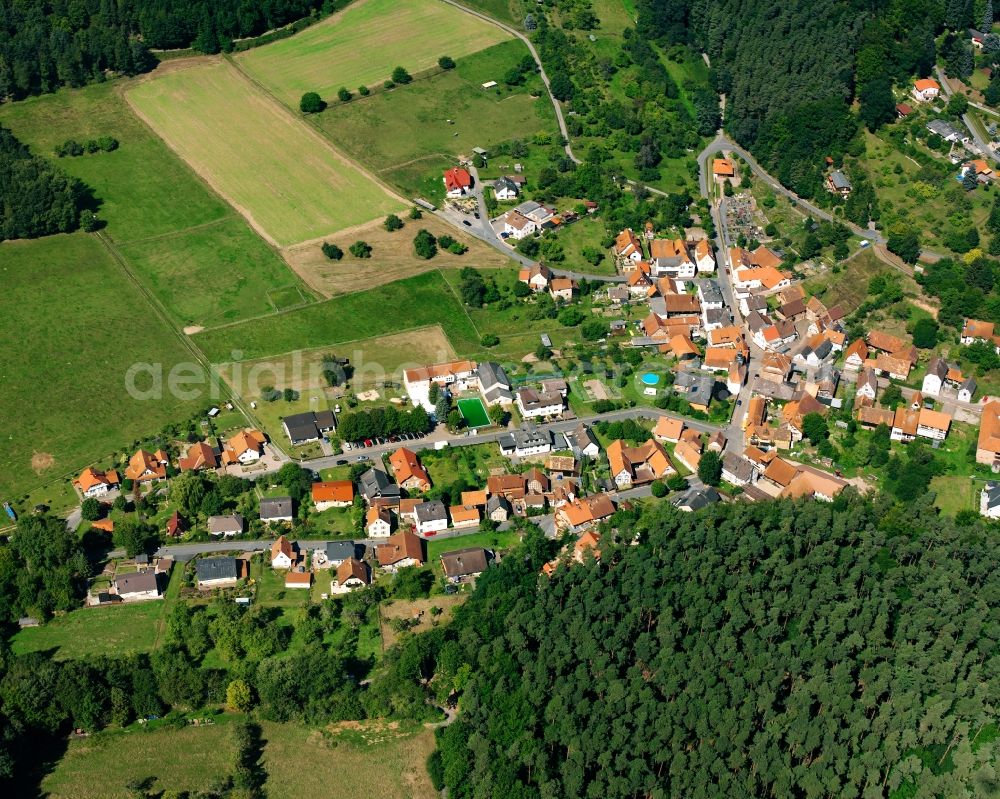 Wald-Amorbach from the bird's eye view: Agricultural land and field boundaries surround the settlement area of the village in Wald-Amorbach in the state Hesse, Germany