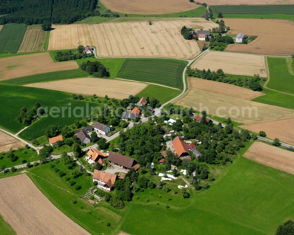 Aerial image Wald - Agricultural land and field boundaries surround the settlement area of the village in Wald in the state Baden-Wuerttemberg, Germany