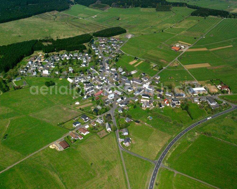 Waldaubach from above - Agricultural land and field boundaries surround the settlement area of the village in Waldaubach in the state Hesse, Germany