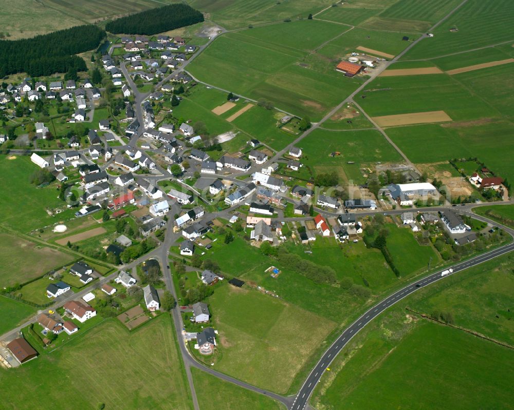 Aerial photograph Waldaubach - Agricultural land and field boundaries surround the settlement area of the village in Waldaubach in the state Hesse, Germany