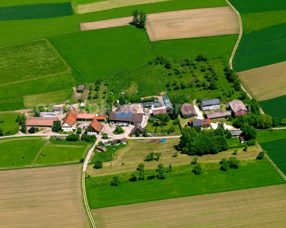 Waldenhofen from above - Agricultural land and field boundaries surround the settlement area of the village in Waldenhofen in the state Baden-Wuerttemberg, Germany