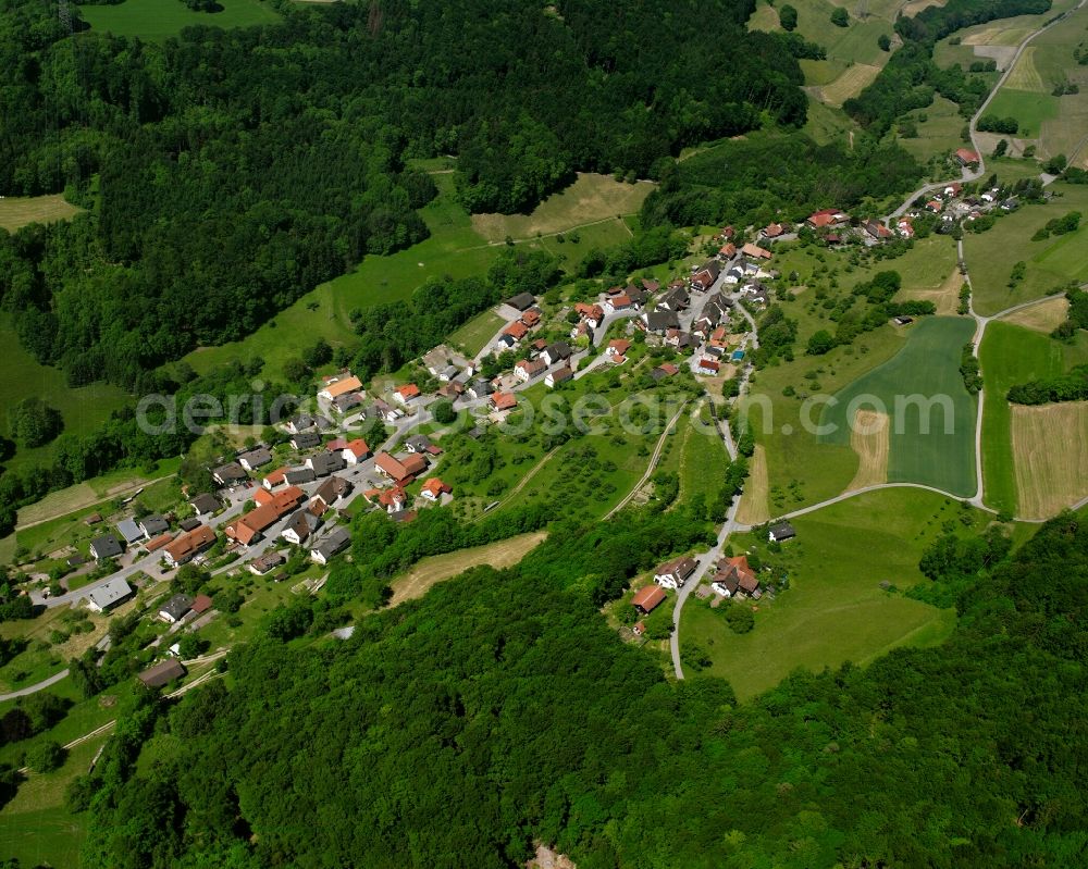 Waldshut-Tiengen from above - Agricultural land and field boundaries surround the settlement area of the village in Waldshut-Tiengen in the state Baden-Wuerttemberg, Germany