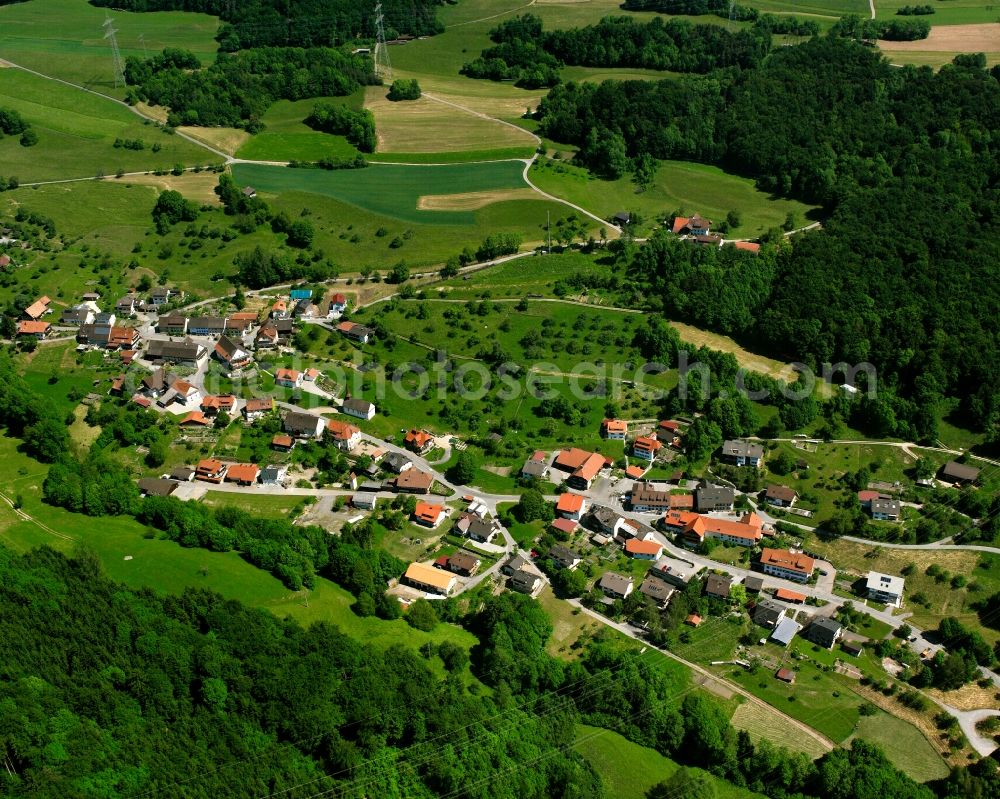 Waldshut-Tiengen from the bird's eye view: Agricultural land and field boundaries surround the settlement area of the village in Waldshut-Tiengen in the state Baden-Wuerttemberg, Germany