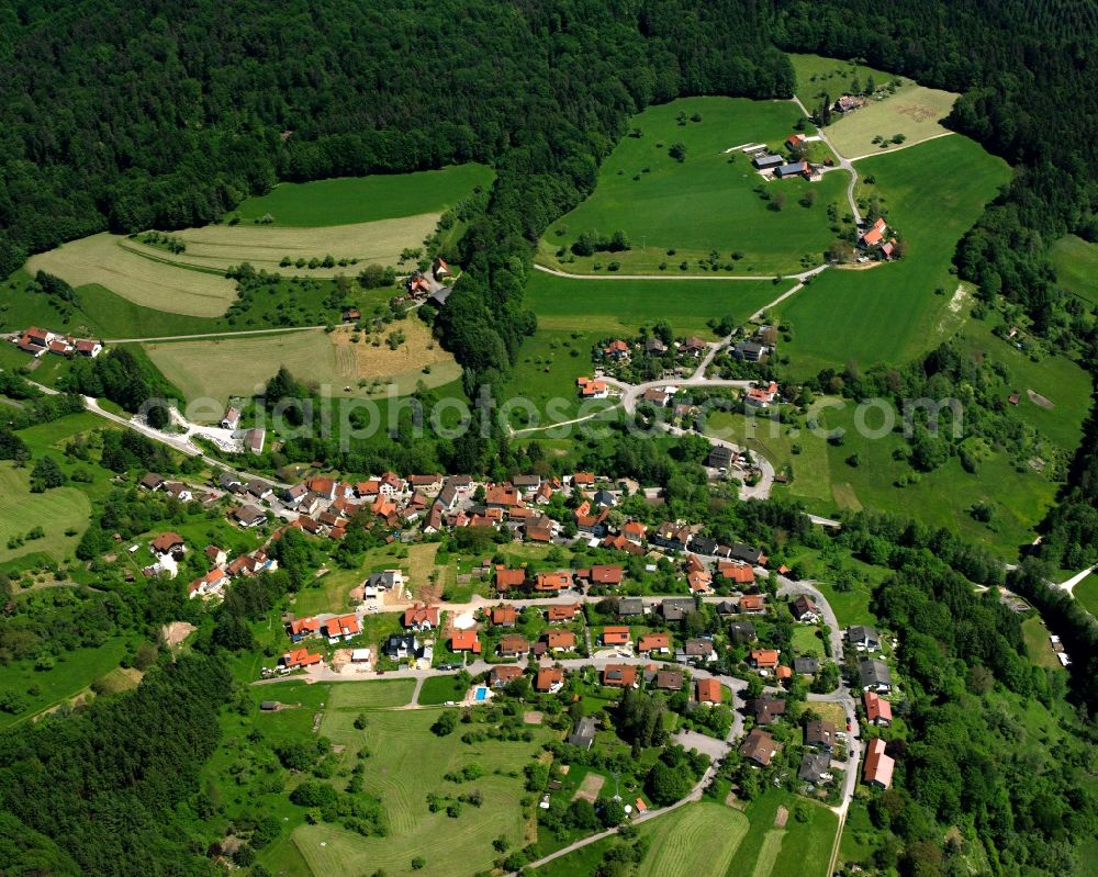 Walkersbach from above - Agricultural land and field boundaries surround the settlement area of the village in Walkersbach in the state Baden-Wuerttemberg, Germany