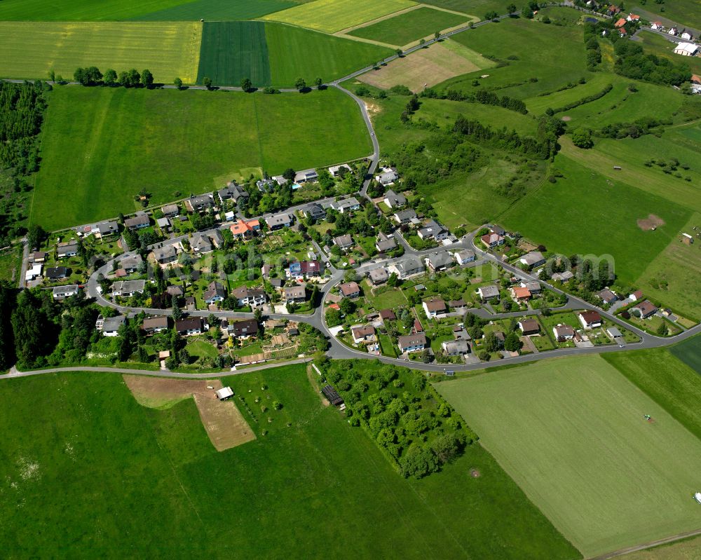 Aerial photograph Wallenrod - Agricultural land and field boundaries surround the settlement area of the village in Wallenrod in the state Hesse, Germany