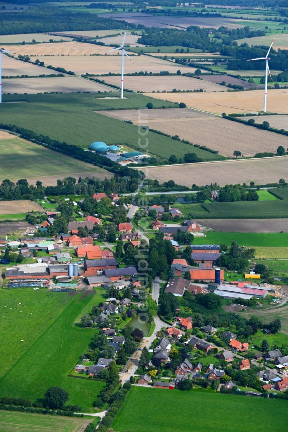 Aerial image Wangelau - Agricultural land and field boundaries surround the settlement area of the village in Wangelau in the state Schleswig-Holstein, Germany