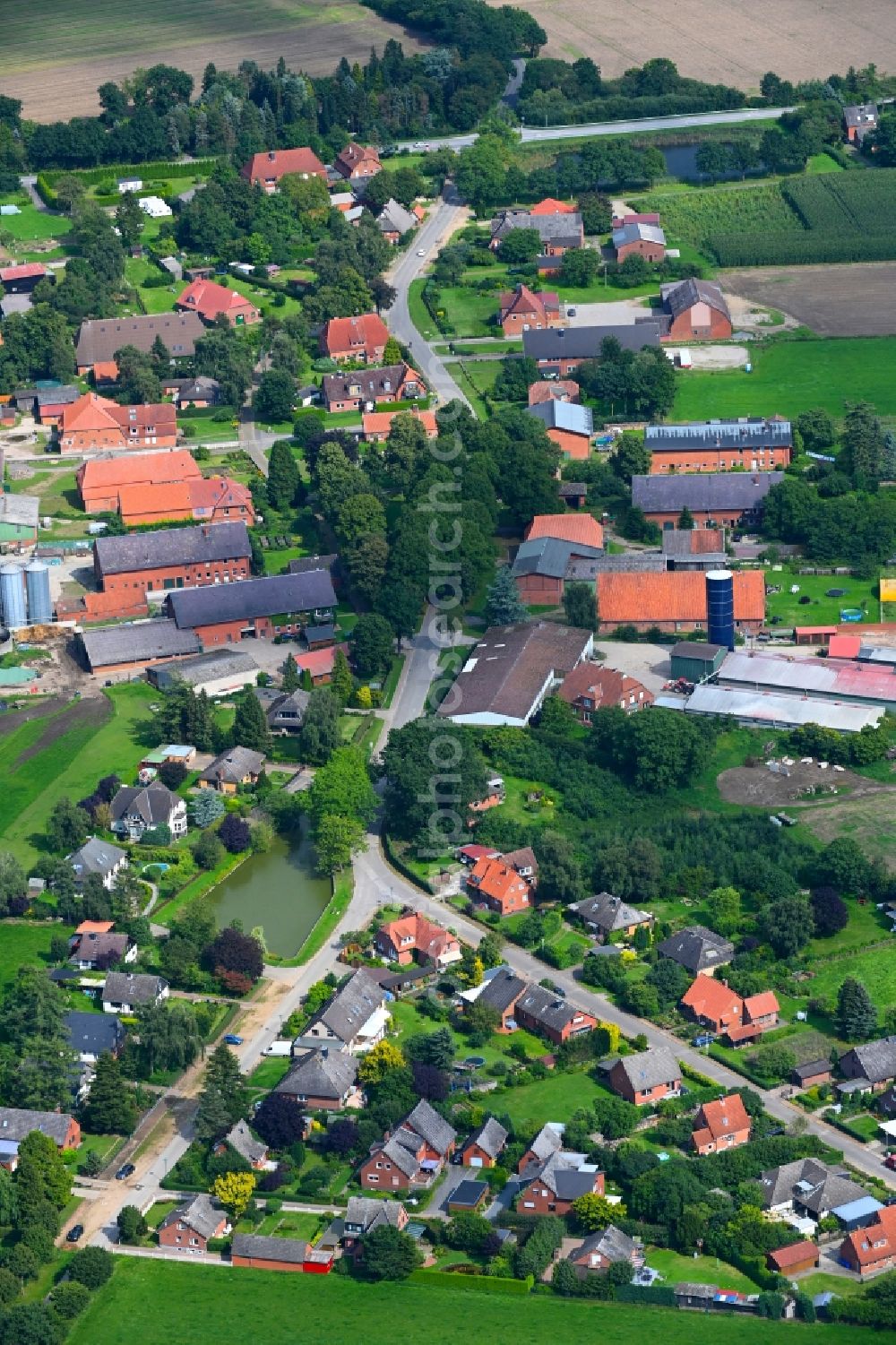 Wangelau from above - Agricultural land and field boundaries surround the settlement area of the village in Wangelau in the state Schleswig-Holstein, Germany