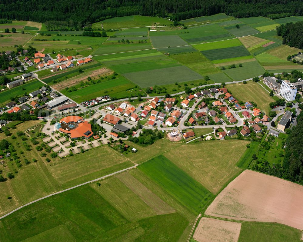 Wart from the bird's eye view: Agricultural land and field boundaries surround the settlement area of the village in Wart in the state Baden-Wuerttemberg, Germany