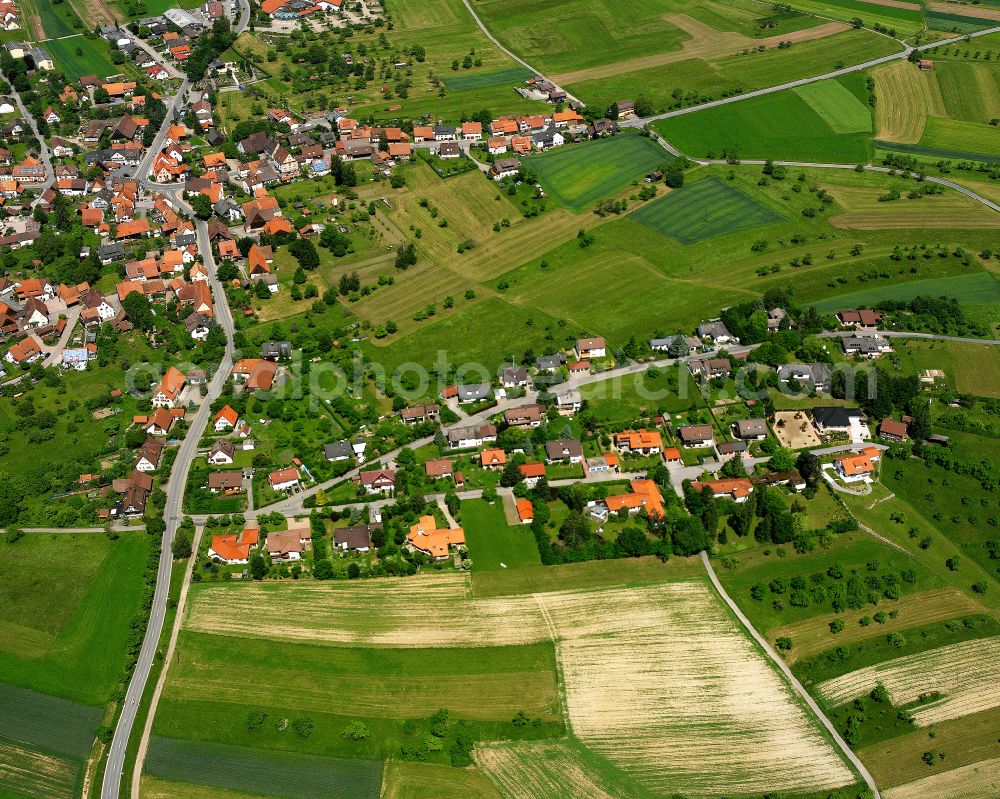 Wart from the bird's eye view: Agricultural land and field boundaries surround the settlement area of the village in Wart in the state Baden-Wuerttemberg, Germany