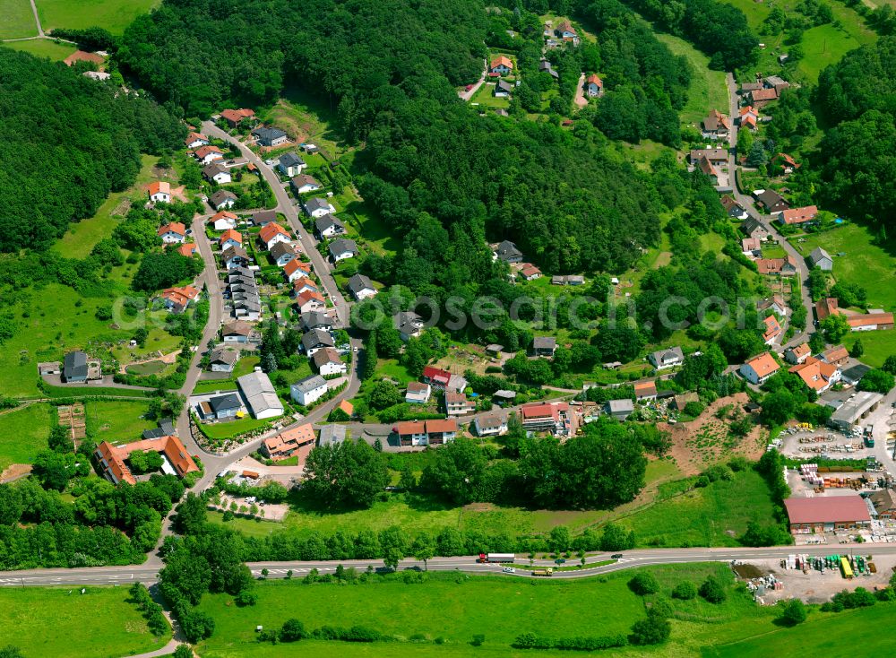 Wartenberg-Rohrbach from above - Agricultural land and field boundaries surround the settlement area of the village in Wartenberg-Rohrbach in the state Rhineland-Palatinate, Germany