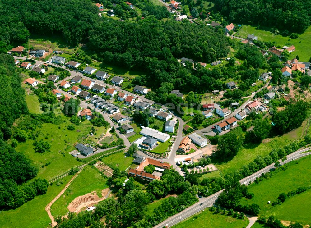 Wartenberg-Rohrbach from the bird's eye view: Agricultural land and field boundaries surround the settlement area of the village in Wartenberg-Rohrbach in the state Rhineland-Palatinate, Germany