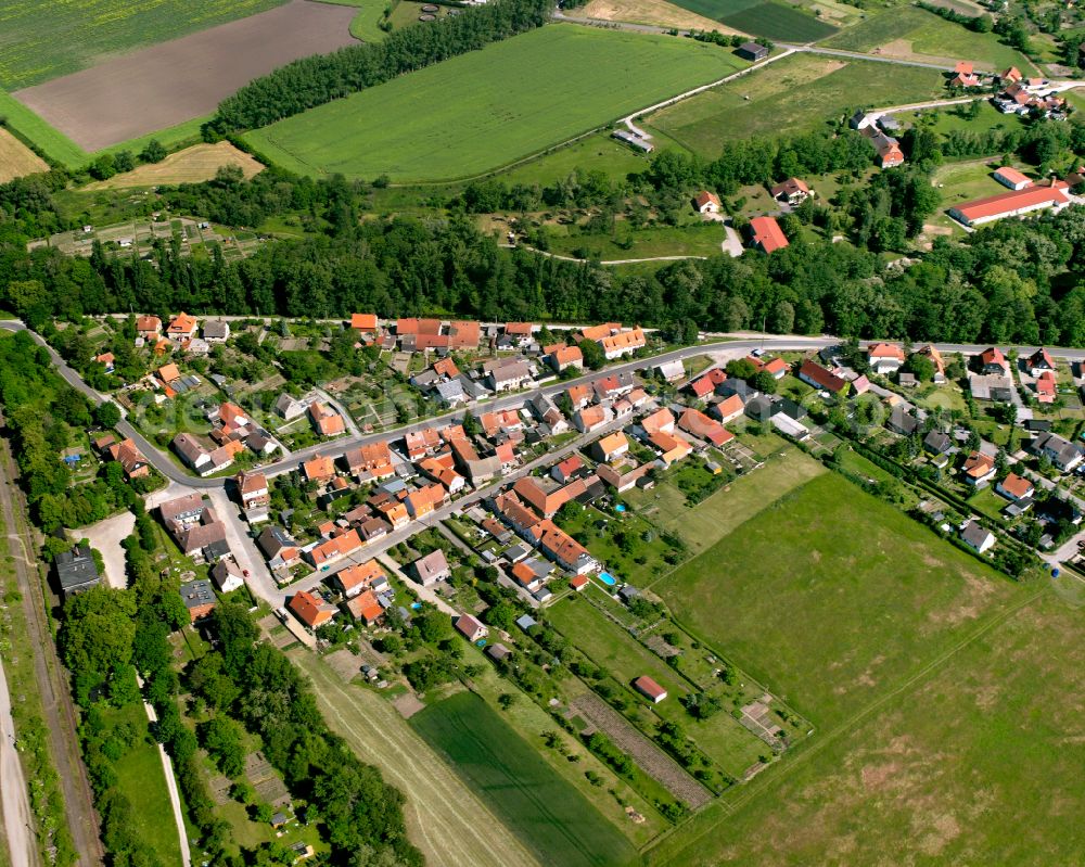 Wasserleben from above - Agricultural land and field boundaries surround the settlement area of the village in Wasserleben in the state Saxony-Anhalt, Germany