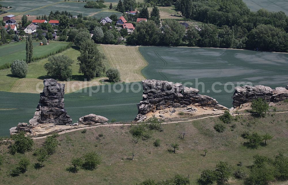 Aerial image Weddersleben - Agricultural land and field boundaries surround the settlement area of the village in Weddersleben in the state Saxony-Anhalt, Germany