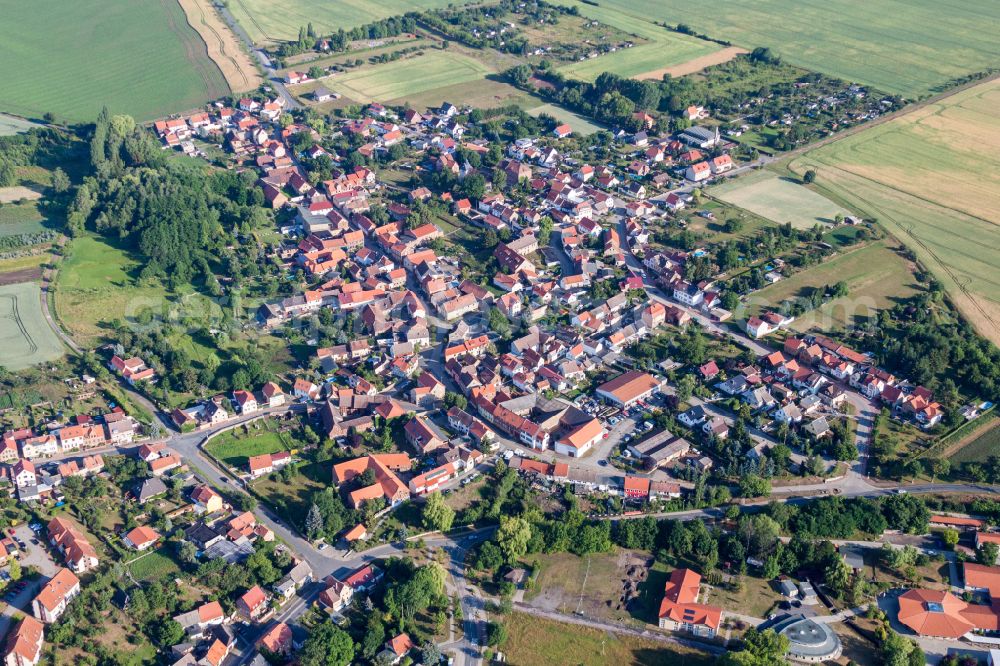 Aerial image Weddersleben - Agricultural land and field boundaries surround the settlement area of the village in Weddersleben in the state Saxony-Anhalt, Germany