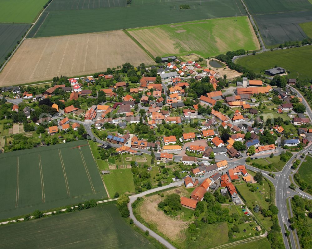 Aerial image Weddingen - Agricultural land and field boundaries surround the settlement area of the village in Weddingen in the state Lower Saxony, Germany