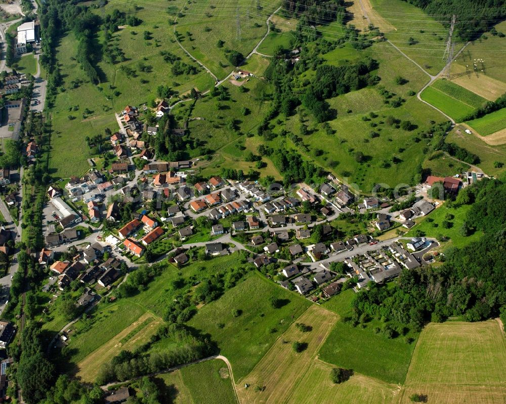 Wehr from above - Agricultural land and field boundaries surround the settlement area of the village in Wehr in the state Baden-Wuerttemberg, Germany