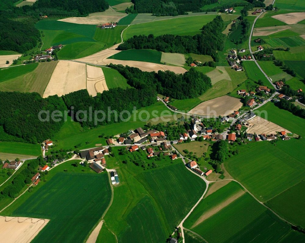 Weidau from the bird's eye view: Agricultural land and field boundaries surround the settlement area of the village in Weidau in the state Bavaria, Germany