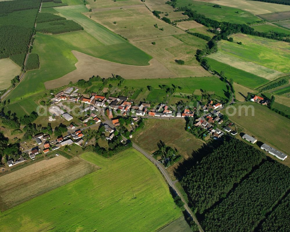 Weiden from above - Agricultural land and field boundaries surround the settlement area of the village in Weiden in the state Saxony-Anhalt, Germany