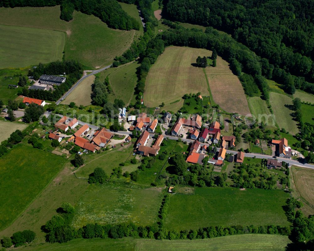 Weidenbach from above - Agricultural land and field boundaries surround the settlement area of the village in Weidenbach in the state Thuringia, Germany