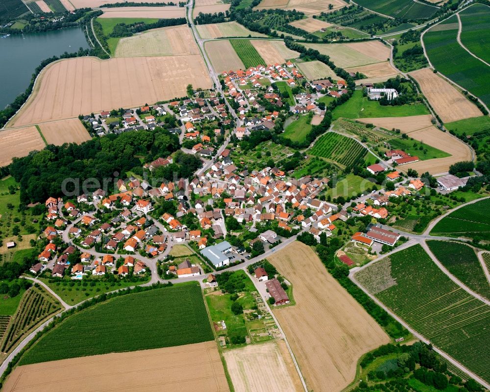 Weiler from above - Agricultural land and field boundaries surround the settlement area of the village in Weiler in the state Baden-Wuerttemberg, Germany