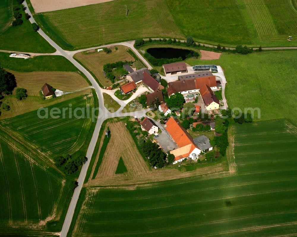 Weiler a See from above - Agricultural land and field boundaries surround the settlement area of the village in Weiler a See in the state Bavaria, Germany