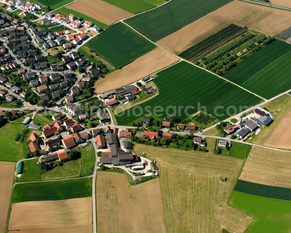 Weiler zum Stein from above - Agricultural land and field boundaries surround the settlement area of the village in Weiler zum Stein in the state Baden-Wuerttemberg, Germany