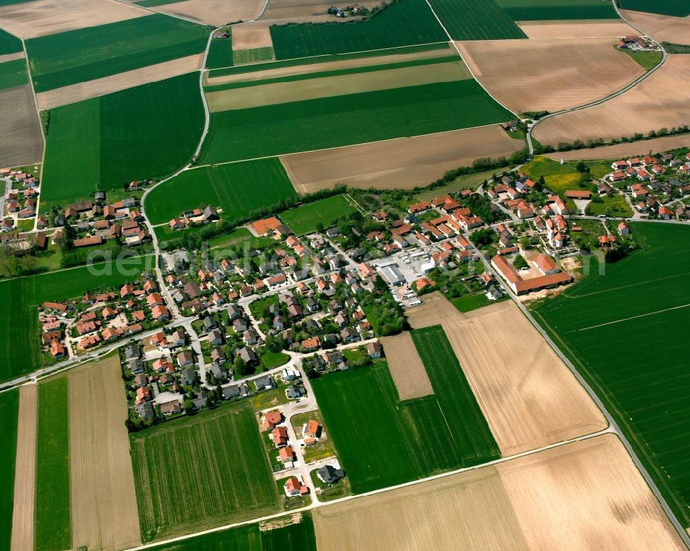 Weiling from the bird's eye view: Agricultural land and field boundaries surround the settlement area of the village in Weiling in the state Bavaria, Germany