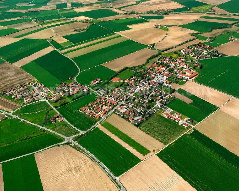 Aerial image Weiling - Agricultural land and field boundaries surround the settlement area of the village in Weiling in the state Bavaria, Germany