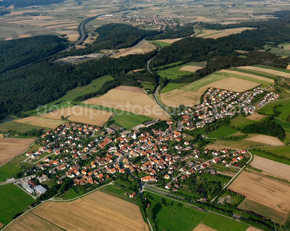 Aerial image Weinberg - Agricultural land and field boundaries surround the settlement area of the village in Weinberg in the state Bavaria, Germany